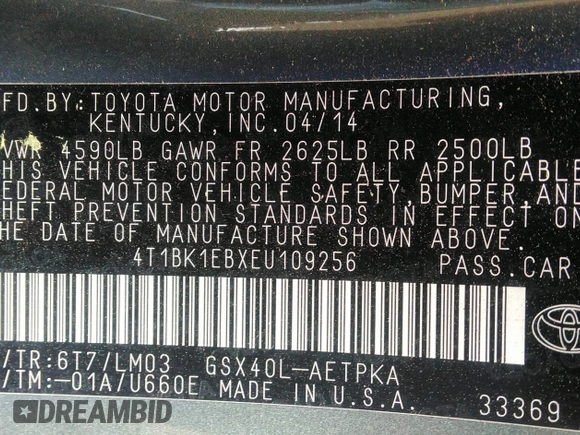 2014 Toyota Avalon Limited with VIN 4T1BK1EBXEU109256, listed as a IAAI auction lot 41908504 with 84,472 mi miles and . Bid and sale history available at DreamBid. Image 9.