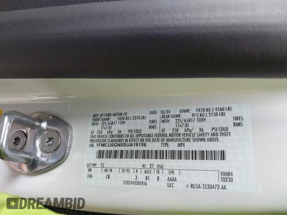 2025 Ford Escape Active z VIN 1FMCU0GN0SUA19156, wystawiony jako IAAI lot #41815194 z przebiegiem Nie podano mil oraz . Historia ofert i sprzedaży dostępna na DreamBid. Obrazek 9.