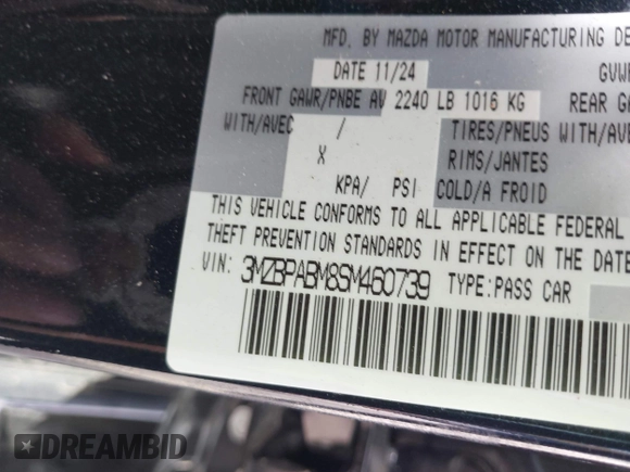 2025 Mazda 3 S Select Sport with VIN 3MZBPABM8SM460739, listed as a IAAI auction lot 41942337 with 5,798 mi miles and . Bid and sale history available at DreamBid. Image 9.