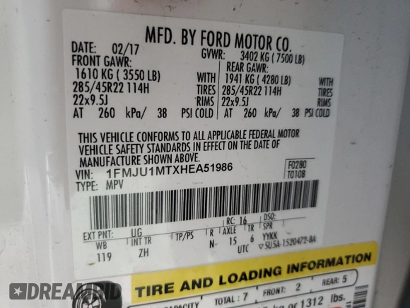 2017 Ford Expedition Platinum with VIN 1FMJU1MTXHEA51986, listed as a Copart auction lot 54966625 with Not provided miles and Salvage title. Bid and sale history available at DreamBid. Image 14.