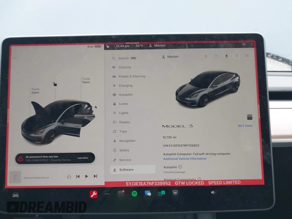 2022 Tesla Model 3 with VIN 5YJ3E1EA7NF339952, listed as a IAAI auction lot 38007332 with 10,726 mi miles. Bid and sale history available at carsss.com. Image 18.