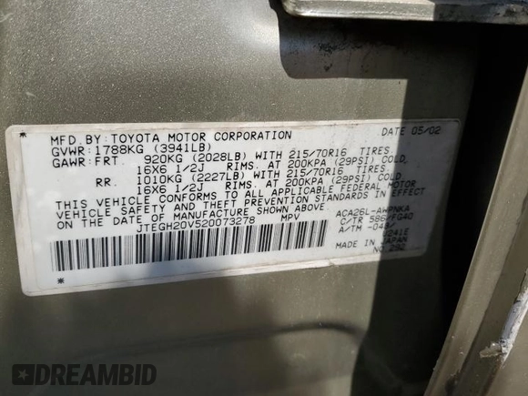 2002 Toyota RAV4 with VIN JTEGH20V520073278, listed as a Copart auction lot 69788074 with 246,562 mi miles and Salvage title. Bid and sale history available at DreamBid. Image 12.