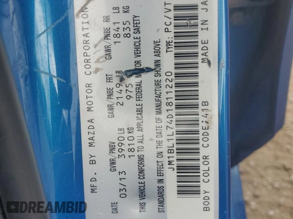 2013 Mazda 3 i Touring with VIN JM1BL1L74D1811220, listed as a Copart auction lot 56253455 with 209,519 mi miles and Clean title. Bid and sale history available at DreamBid. Image 12.