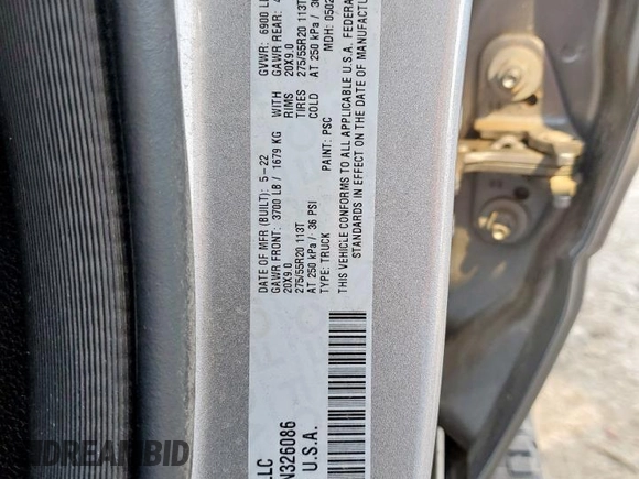 2022 Ram 1500 Lone Star with VIN 1C6RREBT5NN326086, listed as a Copart auction lot 59038005 with 29,329 mi miles and Salvage title. Bid and sale history available at DreamBid. Image 14.