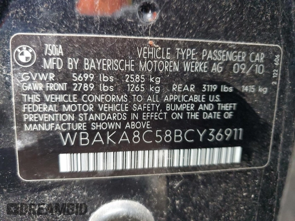 2011 BMW 7 Series 750i with VIN WBAKA8C58BCY36911, listed as a Copart auction lot 45759995 with 143,647 mi miles and Clean title. Bid and sale history available at DreamBid. Image 12.