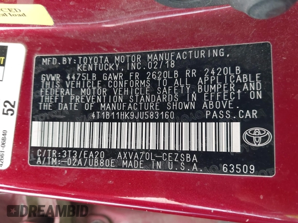 2018 Toyota Camry LE z VIN 4T1B11HK9JU583160, wystawiony jako IAAI lot #41707215 z przebiegiem 134 214 mil mil oraz . Historia ofert i sprzedaży dostępna na DreamBid. Obrazek 9.