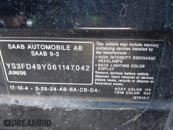 2006 Saab 9-3 z VIN YS3FD49Y061147042, wystawiony jako IAAI lot #41941819 z przebiegiem 95 290 mil mil oraz . Historia ofert i sprzedaży dostępna na DreamBid. Obrazek 9.