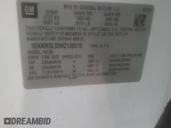 2017 GMC Acadia SLE with VIN 1GKKNSLS5HZ138518, listed as a Copart auction lot 48023935 with 0 mi miles and Salvage Title. Bid and sale history available at carsss.com. Image 15.