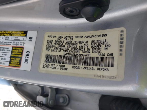 2010 Toyota Corolla with VIN 1NXBU4EE2AZ240438, listed as a IAAI auction lot 42125407 with 185,253 mi miles and . Bid and sale history available at DreamBid. Image 9.