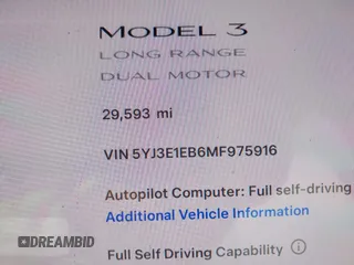 2021 Tesla Model 3 Long Range with VIN 5YJ3E1EB6MF975916, listed as a IAAI auction lot 40713749 with 29,593 mi miles and . Bid and sale history available at DreamBid. Image 7.