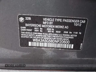 2013 BMW 3 Series 328i with VIN WBA3A5G58DNP20600, listed as a IAAI auction lot 41514839 with 93,208 mi miles. Bid and sale history available at carsss.com. Image 9.