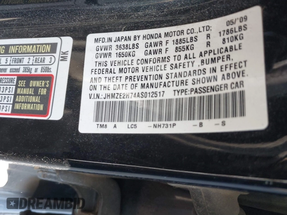 2010 Honda Insight EX with VIN JHMZE2H74AS012517, listed as a IAAI auction lot 41886588 with 227,428 mi miles and . Bid and sale history available at DreamBid. Image 9.