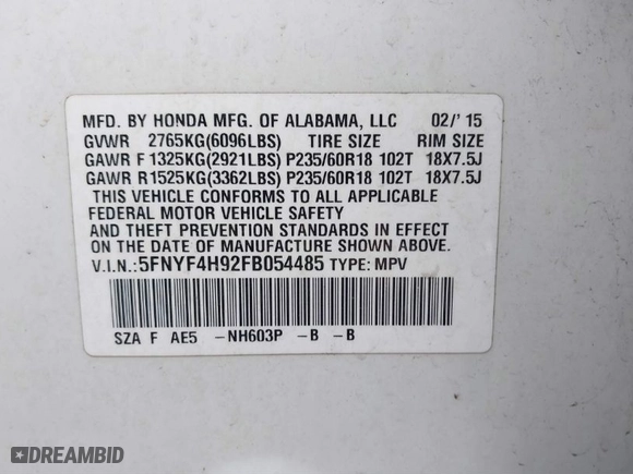 2015 Honda Pilot Touring with VIN 5FNYF4H92FB054485, listed as a IAAI auction lot 41736909 with 159,813 mi miles. Bid and sale history available at carsss.com. Image 9.