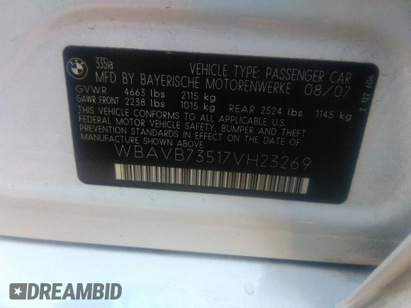 2007 BMW 3 Series 335i with VIN WBAVB73517VH23269, listed as a IAAI auction lot 37625344 with 1 mi miles. Bid and sale history available at carsss.com. Image 9.