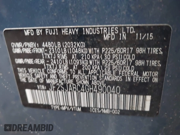 2016 Subaru Forester 2.5i with VIN JF2SJABC4GH490040, listed as a IAAI auction lot 42519594 with 82,333 mi miles and . Bid and sale history available at DreamBid. Image 9.