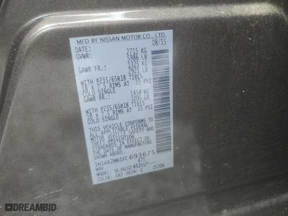 2015 Nissan Pathfinder Platinum with VIN 5N1AR2MN1FC693675, listed as a Copart auction lot 51116635 with 211,418 mi miles and Clean Title. Bid and sale history available at carsss.com. Image 13.