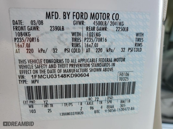 2008 Ford Escape XLT with VIN 1FMCU03148KD90604, listed as a Copart auction lot 53515635 with 185,870 mi miles and Clean Title. Bid and sale history available at carsss.com. Image 12.