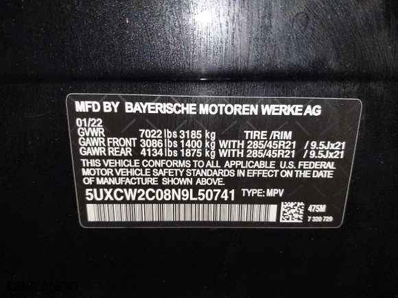 2022 BMW X7 xDrive40i with VIN 5UXCW2C08N9L04696, listed as a IAAI auction lot 41207847 with 44,986 mi miles. Bid and sale history available at carsss.com. Image 9.