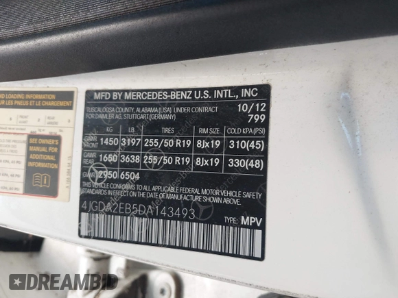 2013 Mercedes-Benz M 350 with VIN 4JGDA2EB5DA143493, listed as a IAAI auction lot 41290758 with 181,787 mi miles and . Bid and sale history available at DreamBid. Image 9.