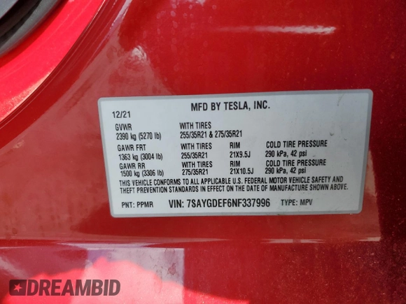 2022 Tesla Model Y Performance with VIN 7SAYGDEF6NF337996, listed as a Copart auction lot 56039515 with 16,468 mi miles and Salvage title. Bid and sale history available at DreamBid. Image 24.