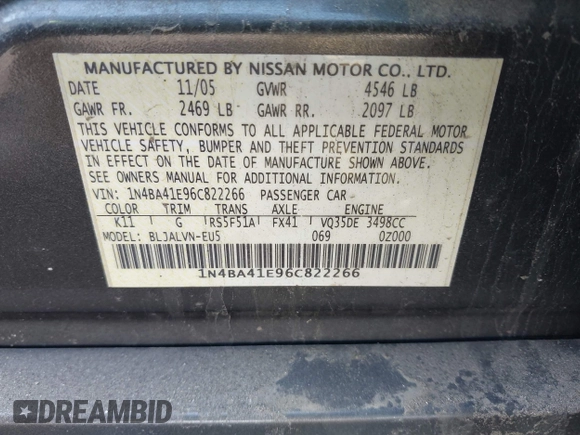 2006 Nissan Maxima 3.5 SL with VIN 1N4BA41E96C822266, listed as a IAAI auction lot 41903492 with 116,886 mi miles. Bid and sale history available at carsss.com. Image 9.