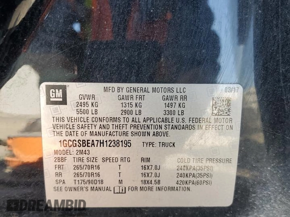 2017 Chevrolet Colorado 2WD WT with VIN 1GCGSBEA7H1238195, listed as a Copart auction lot 48521065 with 142,019 mi miles and Salvage title. Bid and sale history available at DreamBid. Image 14.