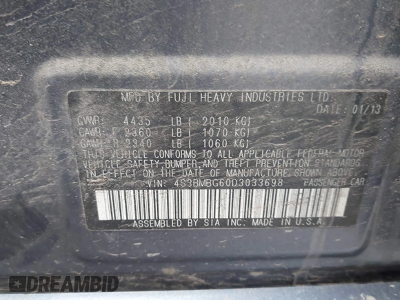 2013 Subaru Legacy 2.5i Sport with VIN 4S3BMBG60D3033698, listed as a IAAI auction lot 41945032 with 130,204 mi miles. Bid and sale history available at carsss.com. Image 9.