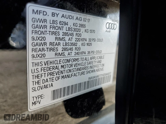 2017 Audi Q7 Premium с VIN WA1AHAF77HD044017, выставлен на аукционе Copart как лот 62367705 с пробегом 54 575 миль миль и Списание • Salvage title. История ставок и продаж доступна на DreamBid. Изображение 13.