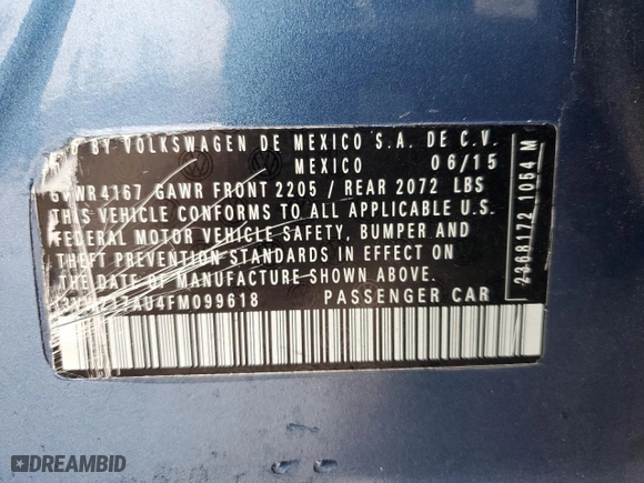 2015 Volkswagen Golf TSI SEL with VIN 3VW217AU4FM099618, listed as a Copart auction lot 86192174 with 42,207 mi miles and Salvage Title. Bid and sale history available at carsss.com. Image 13.