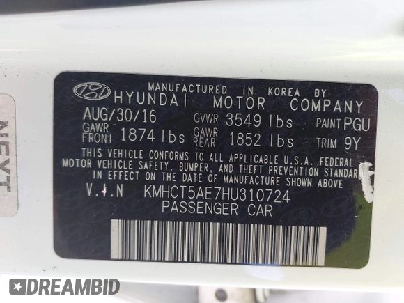 2017 Hyundai Accent SE with VIN KMHCT5AE7HU310724, listed as a IAAI auction lot 42093323 with 134,326 mi miles. Bid and sale history available at carsss.com. Image 9.