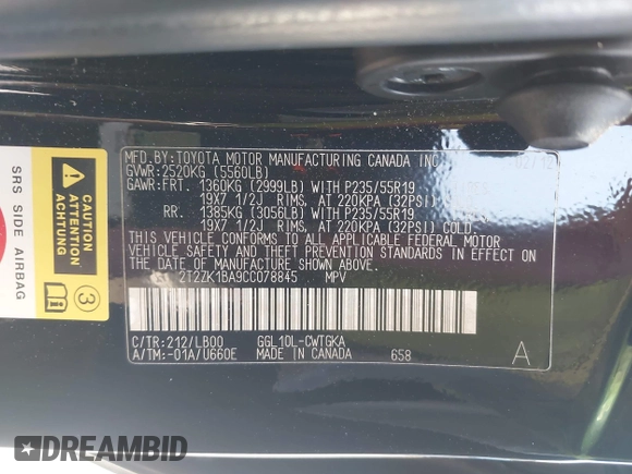 2012 Lexus RX 350 with VIN 2T2ZK1BA9CC078845, listed as a IAAI auction lot 42574809 with 169,373 mi miles and . Bid and sale history available at DreamBid. Image 9.