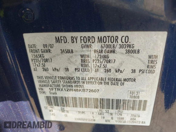 2008 Ford F-150 STX with VIN 1FTRX12W48KB72607, listed as a IAAI auction lot 42565997 with 278,673 mi miles and . Bid and sale history available at DreamBid. Image 9.