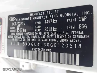 2016 Kia Optima EX with VIN 5XXGU4L30GG120518, listed as a IAAI auction lot 41602190 with 116,268 mi miles. Bid and sale history available at carsss.com. Image 9.