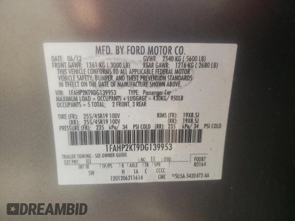 2013 Ford Taurus SHO with VIN 1FAHP2KT9DG139953, listed as a Copart auction lot 60977295 with 196,162 mi miles and Clean title. Bid and sale history available at DreamBid. Image 12.