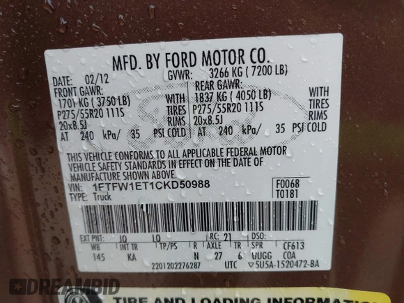 2012 Ford F-150 XL with VIN 1FTFW1ET1CKD50988, listed as a IAAI auction lot 41926244 with 239,853 mi miles. Bid and sale history available at carsss.com. Image 9.