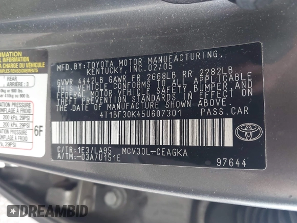 2005 Toyota Camry LE with VIN 4T1BF30K45U607301, listed as a IAAI auction lot 42199532 with Not Provided miles and . Bid and sale history available at DreamBid. Image 9.