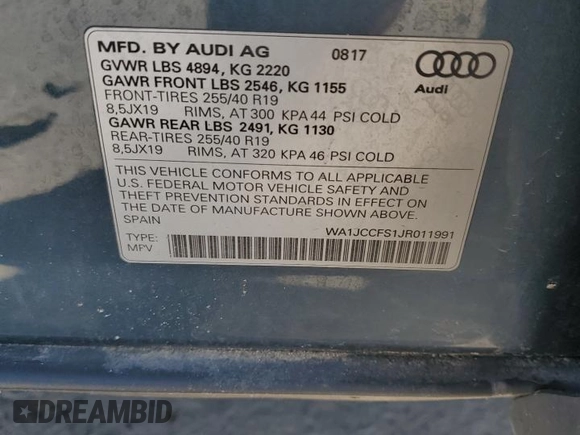 2018 Audi Q3 Premium Plus with VIN WA1JCCFS1JR011991, listed as a Copart auction lot 55063625 with 57,962 mi miles and Salvage title. Bid and sale history available at DreamBid. Image 14.