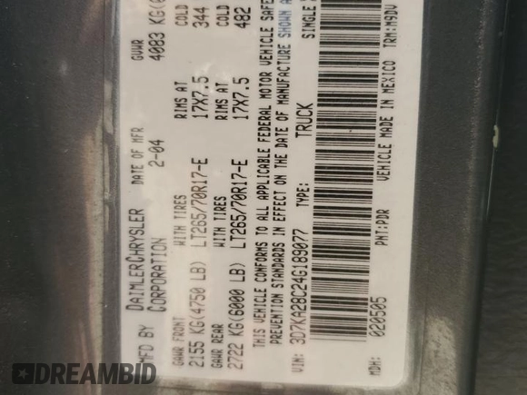 2004 Dodge Ram 2500 SLT with VIN 3D7KA28C24G189077, listed as a Copart auction lot 46672325 with 329,256 mi miles and Salvage Title. Bid and sale history available at carsss.com. Image 12.