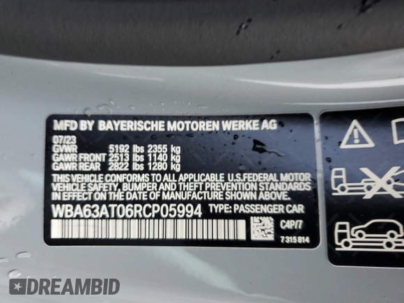 2024 BMW 4 Series M440i xDrive with VIN WBA63AT06RCP05994, listed as a Copart auction lot 62068824 with Not provided miles and Salvage title. Bid and sale history available at DreamBid. Image 14.