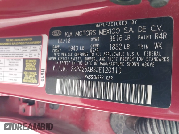 2018 Kia Rio LX with VIN 3KPA25AB3JE120119, listed as a IAAI auction lot 41298347 with 159,917 mi miles and . Bid and sale history available at DreamBid. Image 9.