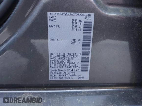 2024 Nissan Altima SV with VIN 1N4BL4DV4RN314821, listed as a IAAI auction lot 42045835 with 43,026 mi miles and . Bid and sale history available at DreamBid. Image 9.