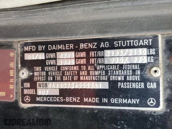 1986 Mercedes-Benz 560 SL z VIN WDBBA48D2GA050261, wystawiony jako Copart lot #58388025 z przebiegiem 199 750 mil mil oraz Czysty tytuł • Clean title. Historia ofert i sprzedaży dostępna na DreamBid. Obrazek 12.