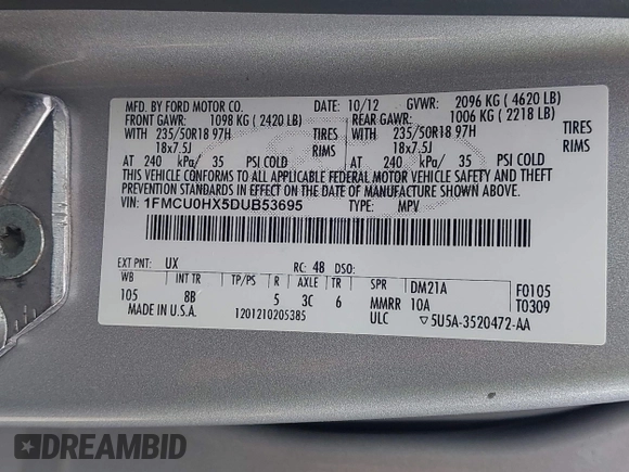 2013 Ford Escape SEL with VIN 1FMCU0HX5DUB53695, listed as a IAAI auction lot 42795881 with 165,330 mi miles and . Bid and sale history available at DreamBid. Image 9.