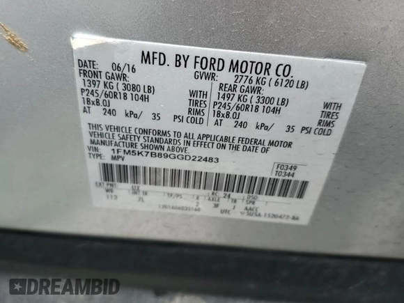 2016 Ford Explorer с VIN 1FM5K7B89GGD22483, выставлен на аукционе Copart как лот 59018875 с пробегом 104 422 миль миль и Списание • Salvage title. История ставок и продаж доступна на DreamBid. Изображение 13.