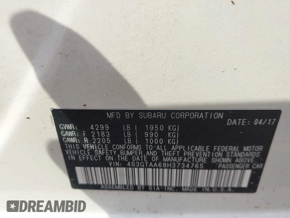 2017 Subaru Impreza with VIN 4S3GTAA68H3734765, listed as a IAAI auction lot 42738932 with 76,795 mi miles and . Bid and sale history available at DreamBid. Image 9.