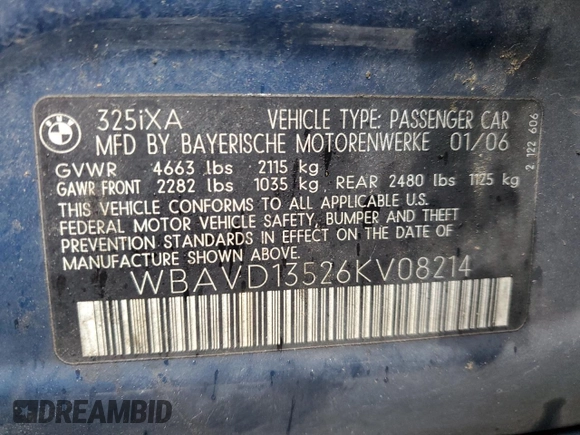 2006 BMW 3 Series 325xi with VIN WBAVD13526KV08214, listed as a Copart auction lot 50054715 with 162,946 mi miles and Salvage Title. Bid and sale history available at carsss.com. Image 13.