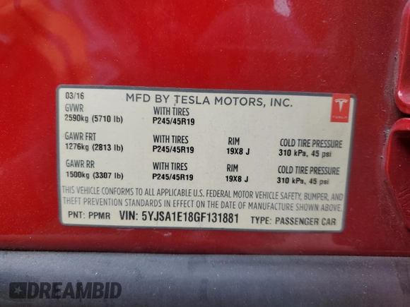 2016 Tesla Model S 70 with VIN 5YJSA1E18GF131881, listed as a Copart auction lot 54513134 with 133,785 mi miles and Salvage title. Bid and sale history available at DreamBid. Image 15.