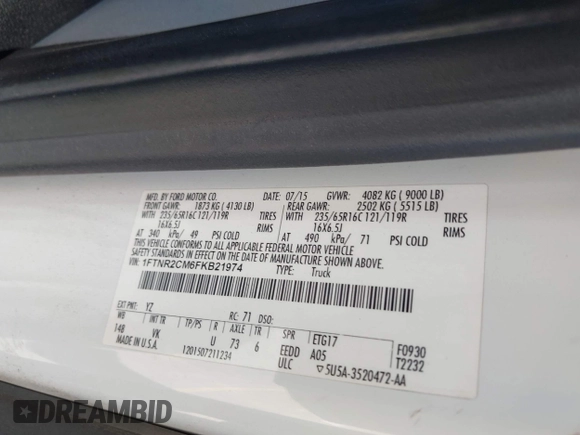 2015 Ford Transit Cargo with VIN 1FTNR2CM6FKB21974, listed as a IAAI auction lot 42279766 with 254,124 mi miles and . Bid and sale history available at DreamBid. Image 9.