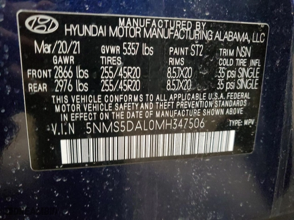 2021 Hyundai Santa Fe Calligraphy with VIN 5NMS5DAL0MH347506, listed as a Copart auction lot 50075545 with 44,307 mi miles and Non Repairable. Bid and sale history available at carsss.com. Image 15.