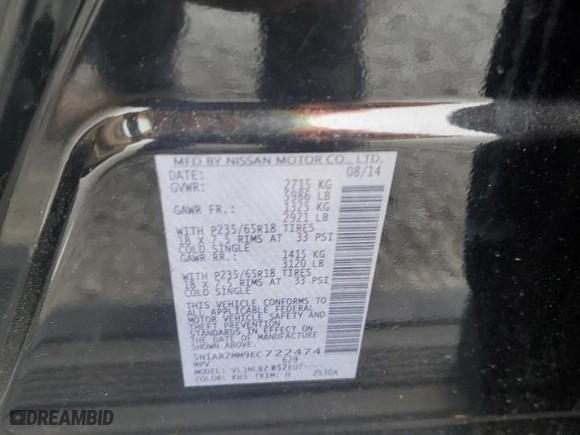 2014 Nissan Pathfinder S with VIN 5N1AR2MM9EC722474, listed as a Copart auction lot 47622235 with 97,428 mi miles and Salvage Title. Bid and sale history available at carsss.com. Image 15.